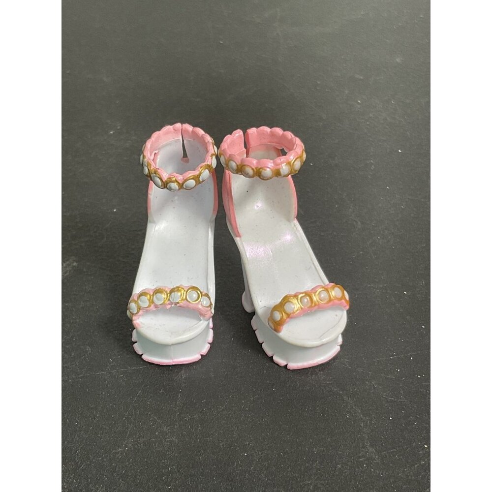RainbBarbie Doll Pink & White High Heel Shoes With Pearl Accent & Platform Desig